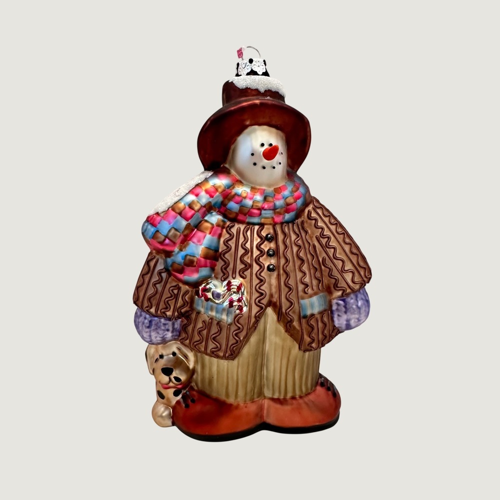 Kurt S Adler Glass Snowman with Puppy Ornament Brown Sweater Plaid Scarf J2888‎